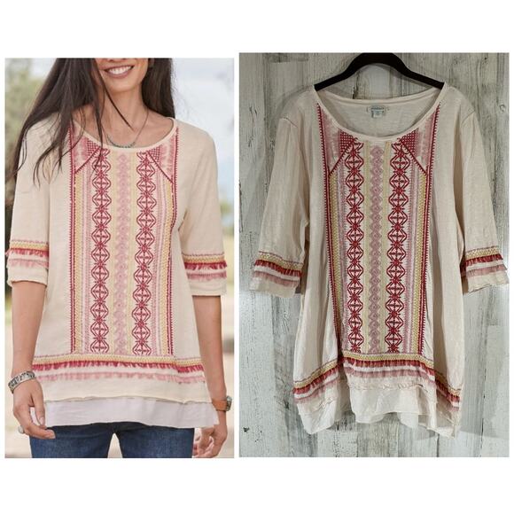 Sundance Tops - Sundance Montera Top Size XL Cream Pink Embroidered Fringe Slub Knit Aztec Boho